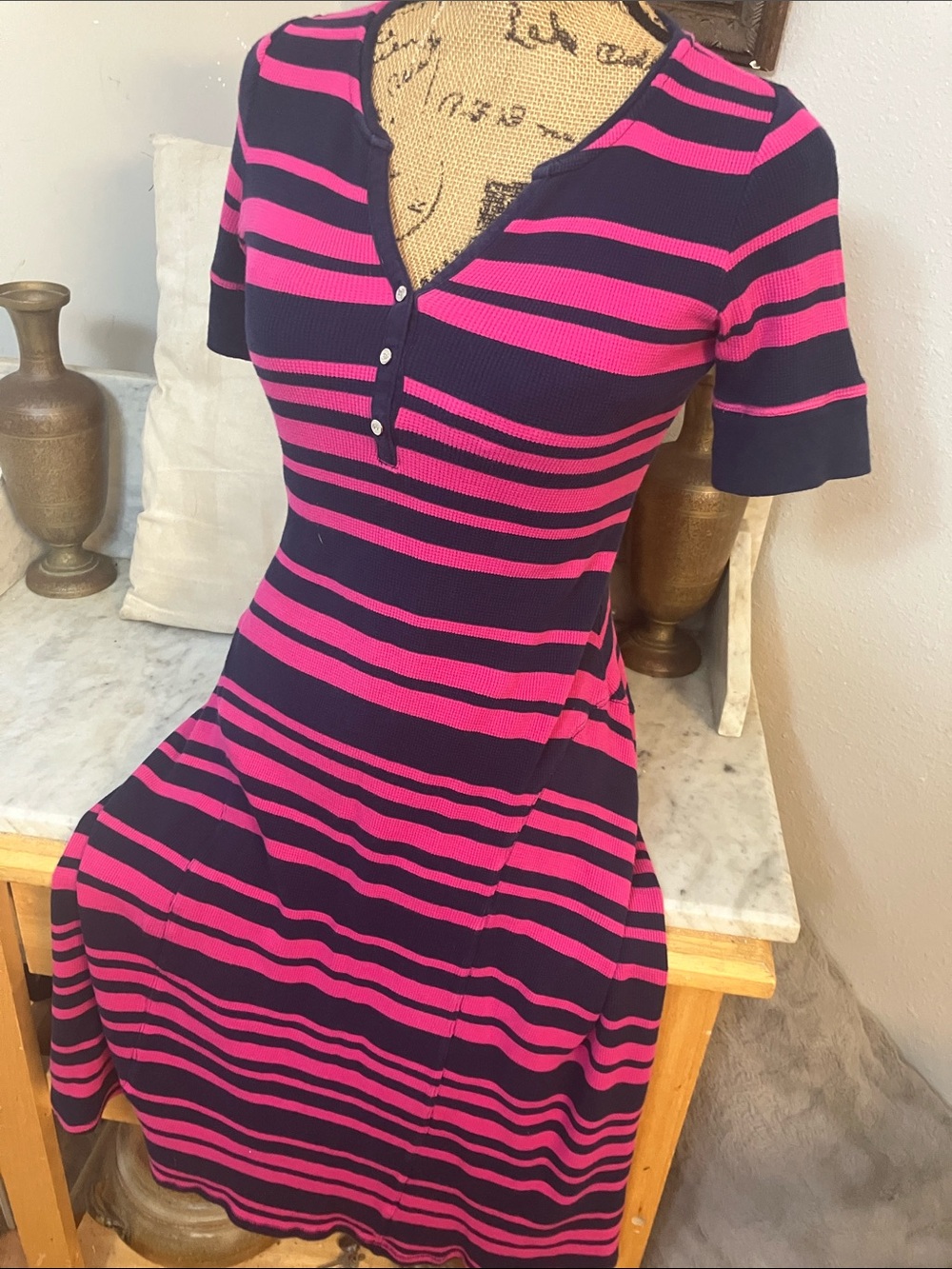 Ralph Lauren Black Label Pink and Navy Striped Short-Sleeve Midi Dress XS Sexy!